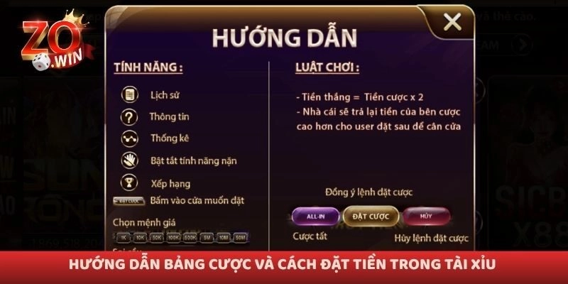 Hướng dẫn bảng cược và cách đặt tiền trong tài xỉu
