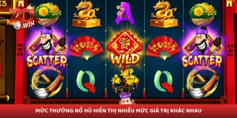 Mức thưởng nổ hũ hiển thị nhiều mức giá trị khác nhau