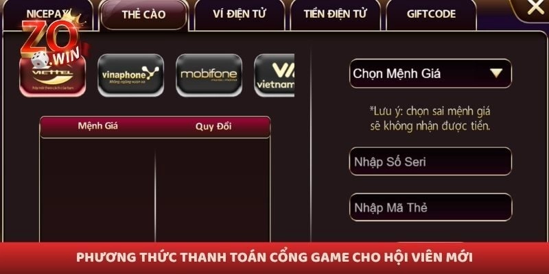 Phương thức thanh toán cổng game cho hội viên mới